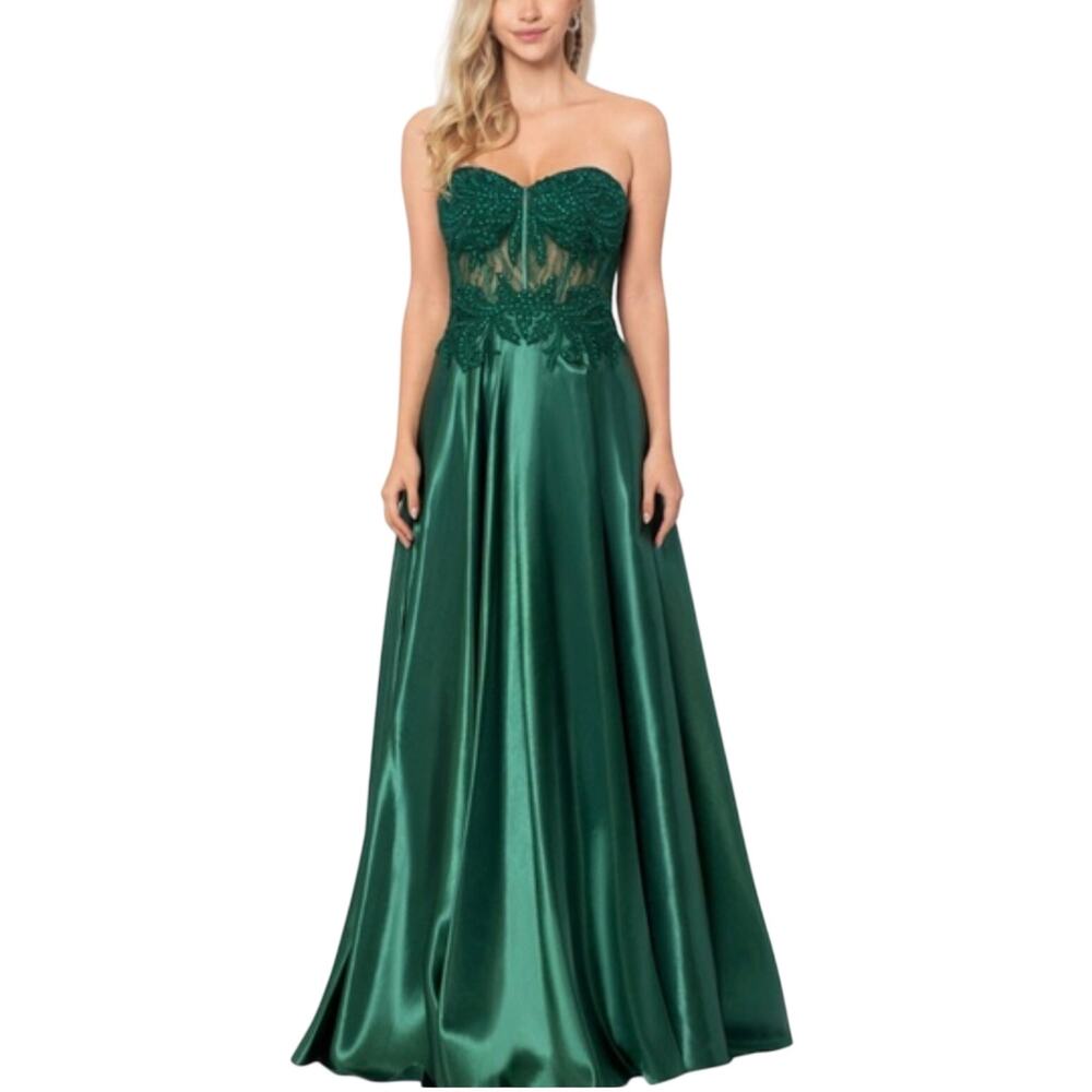 Blondie Nites Green Evening Gown Beaded Satin Lace Backless Corset Dress Size 5